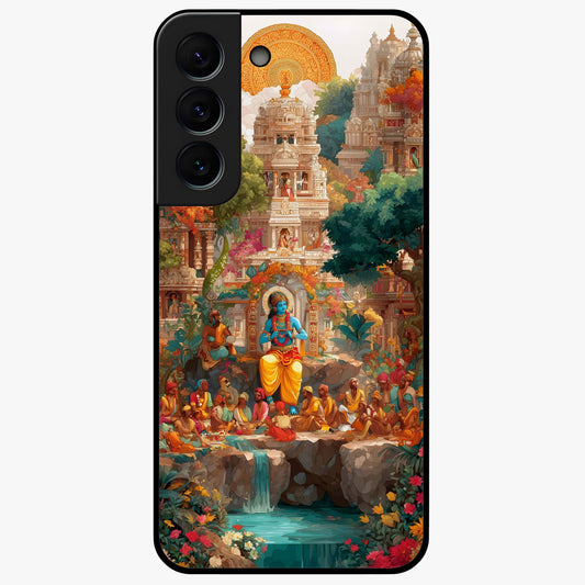Sacred Sunlight Gods Glass Case showing flat back view with divine sunlight themed artwork and glossy glass finish.