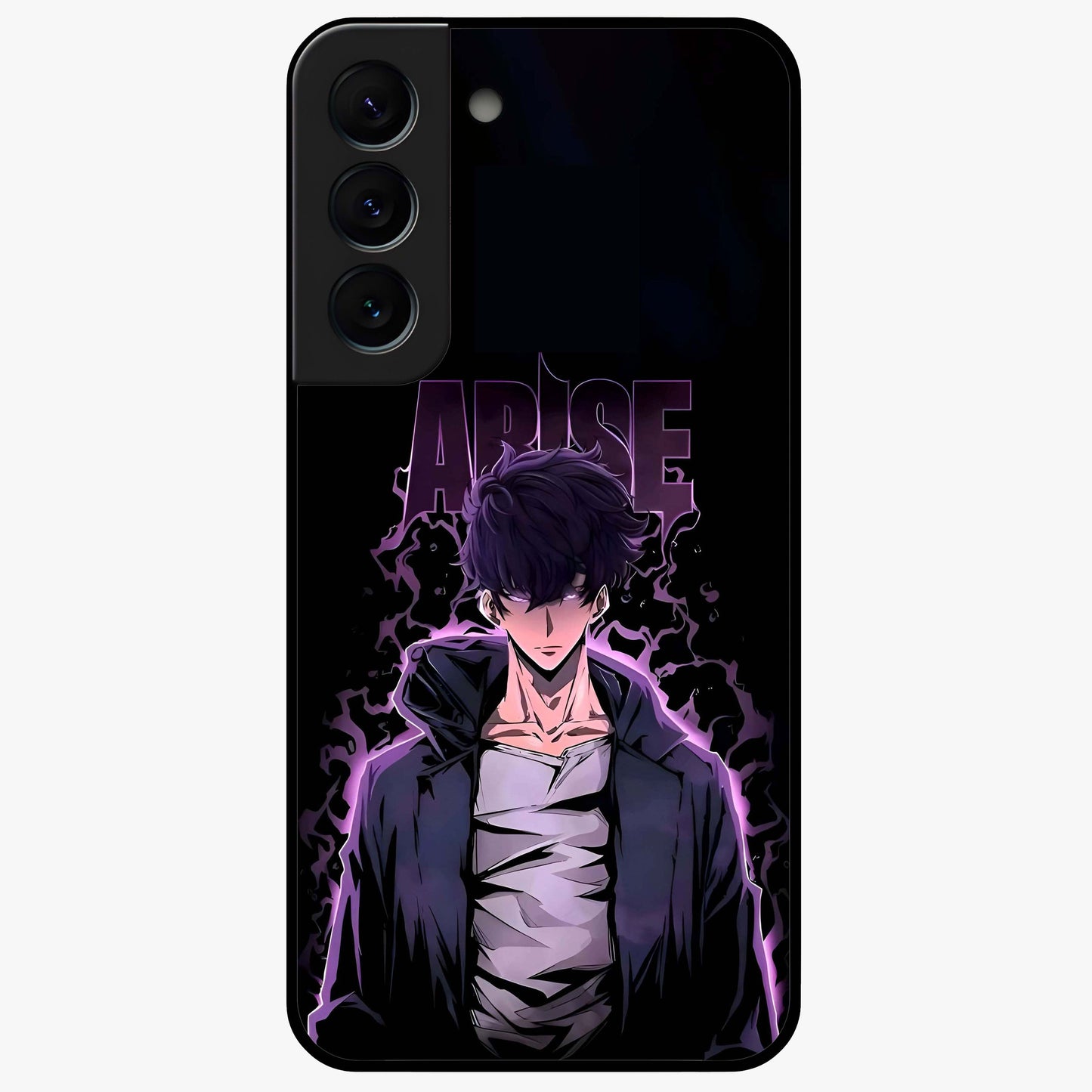 Shadow Monarch Awakening Glass Case showing flat back view with powerful dark monarch themed artwork and glossy glass finish.