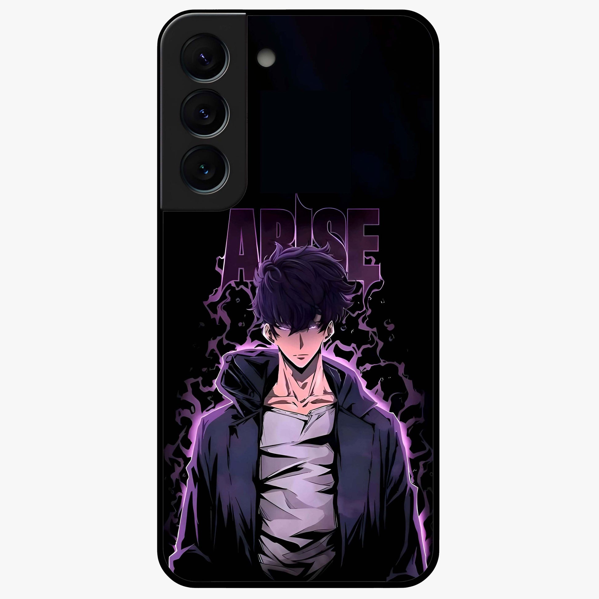 Shadow Monarch Awakening Glass Case showing flat back view with powerful dark monarch themed artwork and glossy glass finish.