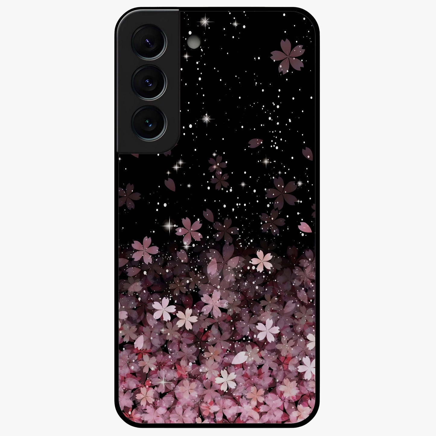 Small Starry Flowers Glass Case showing flat back view with delicate starry floral artwork and glossy glass finish.
