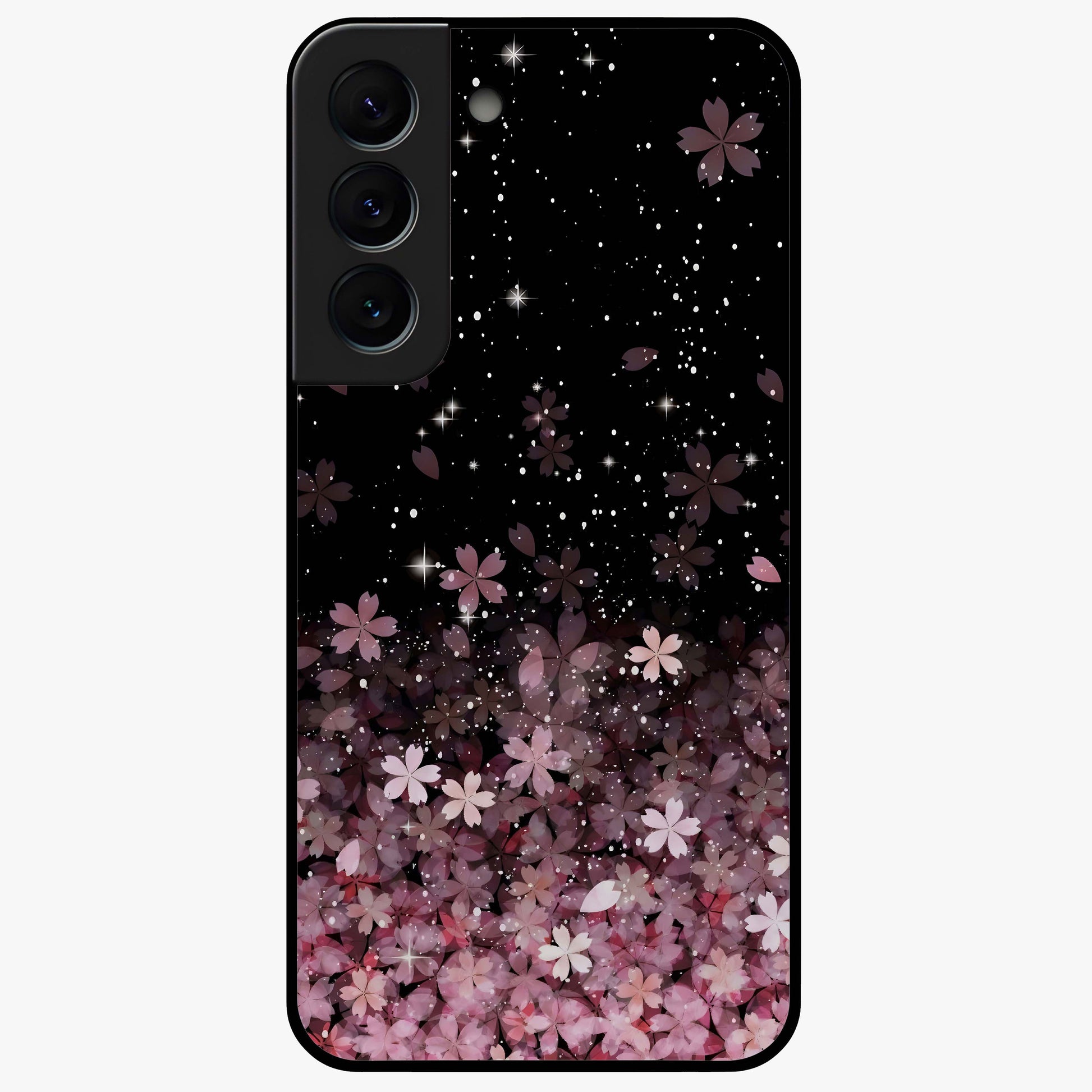 Small Starry Flowers Glass Case showing flat back view with delicate starry floral artwork and glossy glass finish.