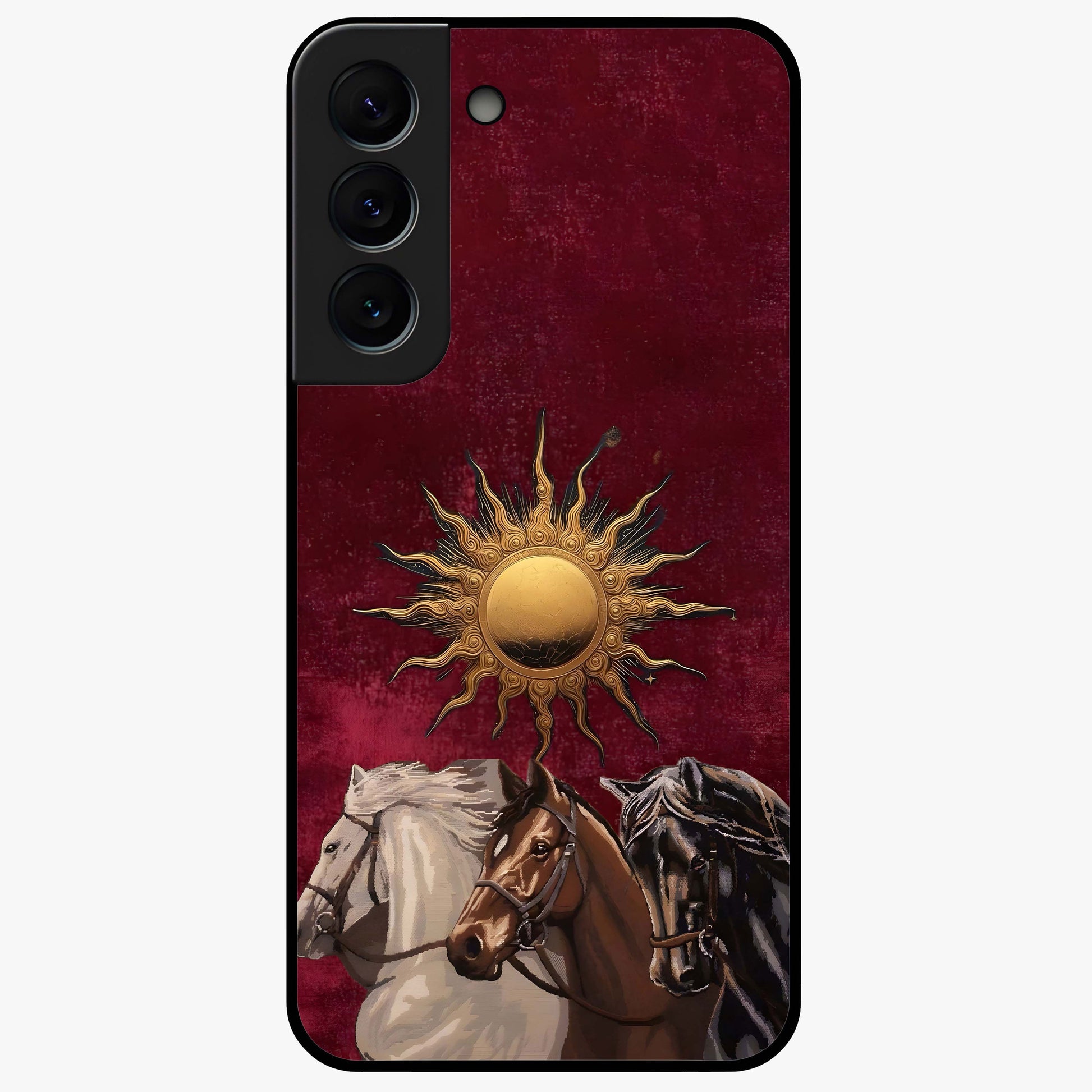 Solar Riders Glass Case showing flat back view with dynamic rider themed artwork and glossy glass finish.
