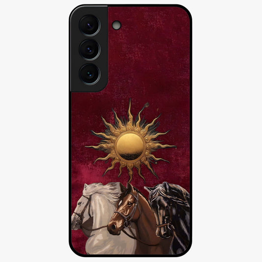 Solar Riders Glass Case showing flat back view with dynamic rider themed artwork and glossy glass finish.