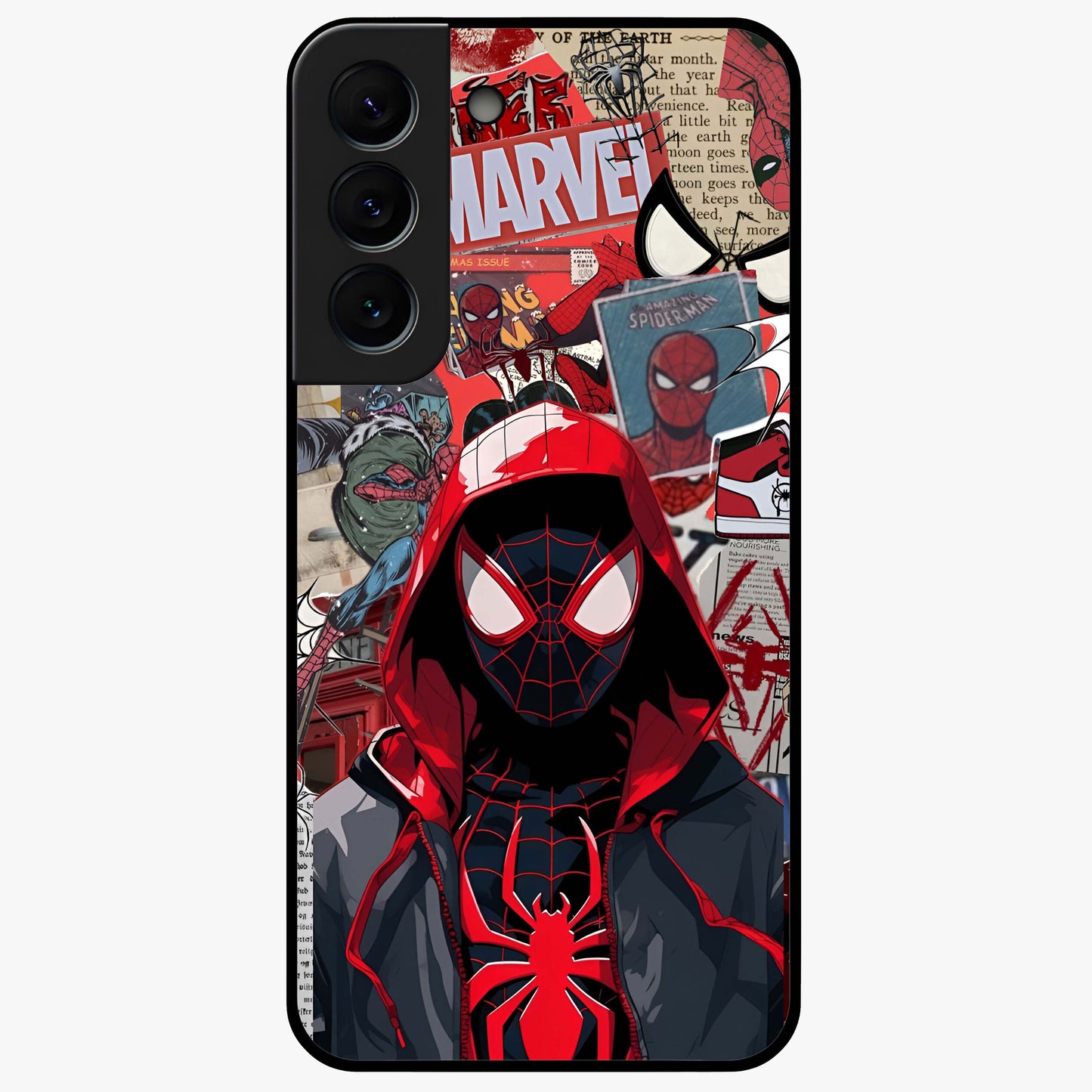 Spider Collage Street Glass Case showing flat back view with vibrant superhero collage artwork and glossy glass finish.
