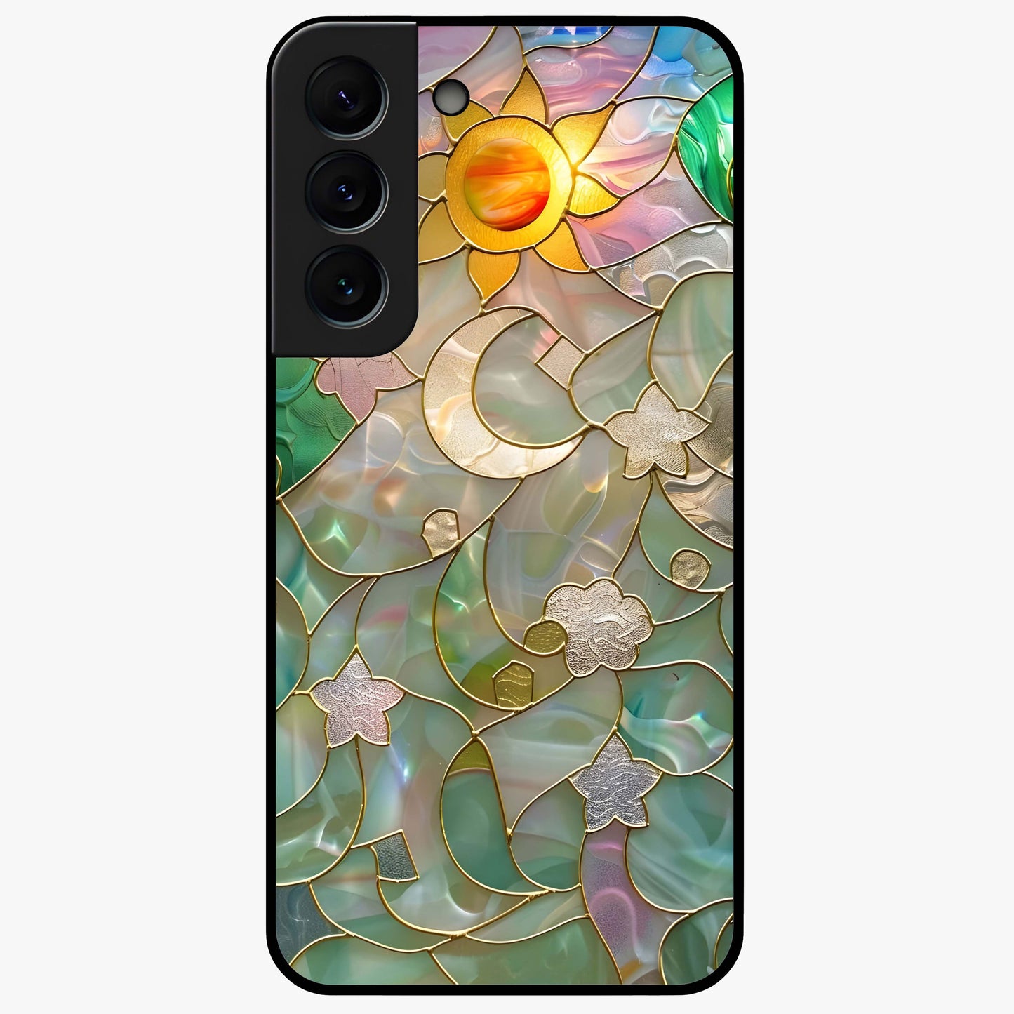 Stained Sunrise Glow Glass Case showing flat back view with glowing sunrise stained pattern artwork and glossy glass finish.