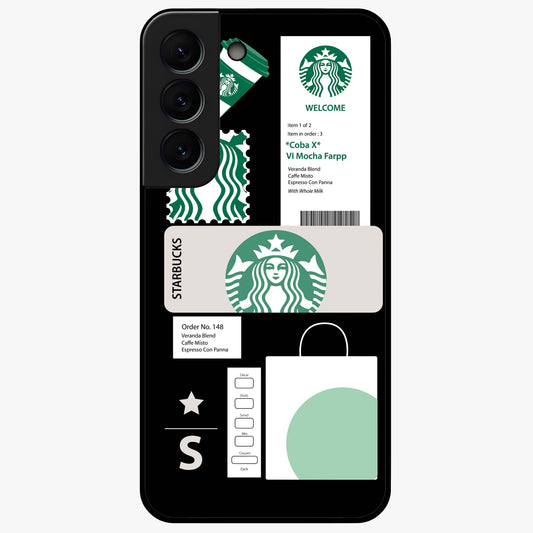 Starbucks Mocha Glass Case showing flat back view with coffee inspired artwork and glossy glass finish.