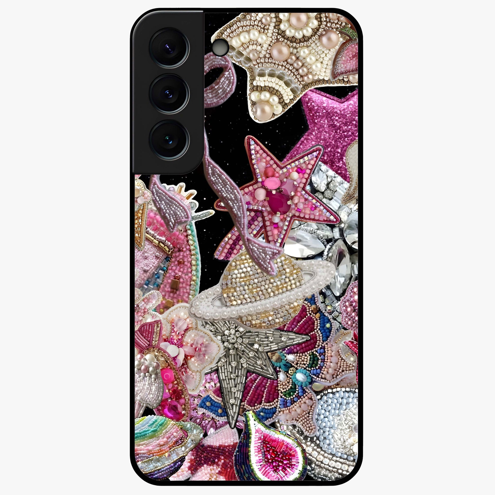 Starlit Jewel Dream Glass Case showing flat back view with sparkling jewel and star themed artwork and glossy glass finish.