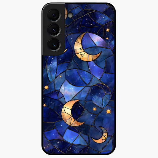 Starlit Sky Tapestry Glass Case showing flat back view with decorative starry sky tapestry artwork and glossy glass finish.