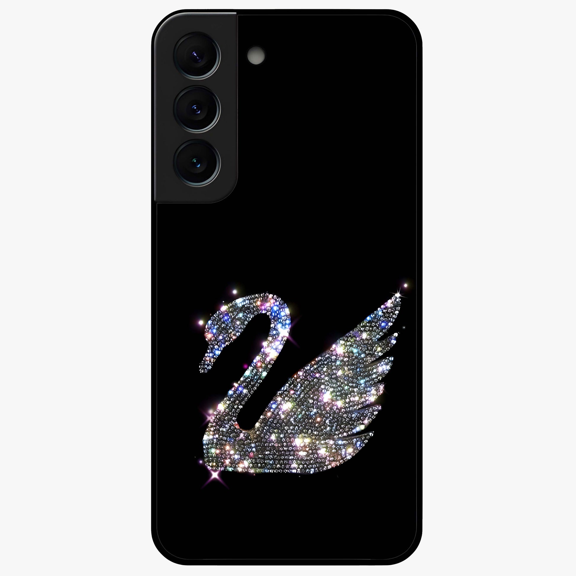 Starlit Swan Grace Glass Case showing flat back view with graceful swan artwork under starry sky and glossy glass finish.