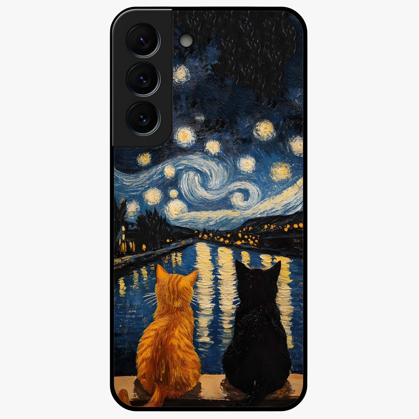 Starry River Cats Glass Case showing flat back view with cats by a starry river artwork and glossy glass finish.
