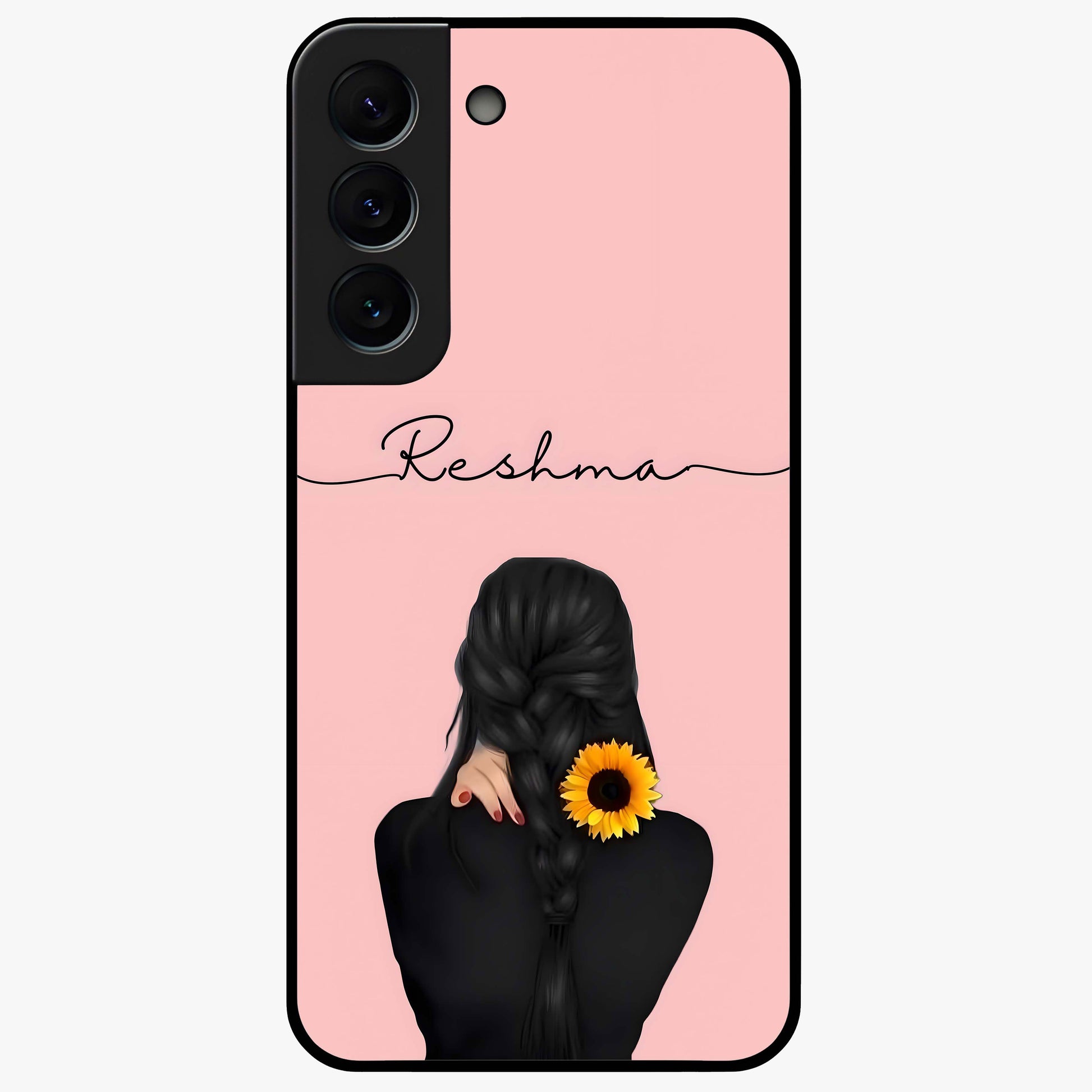 Sunflower Braid Beauty With Custom Name Glass Case showing flat back view with sunflower braid artwork and personalized name design.