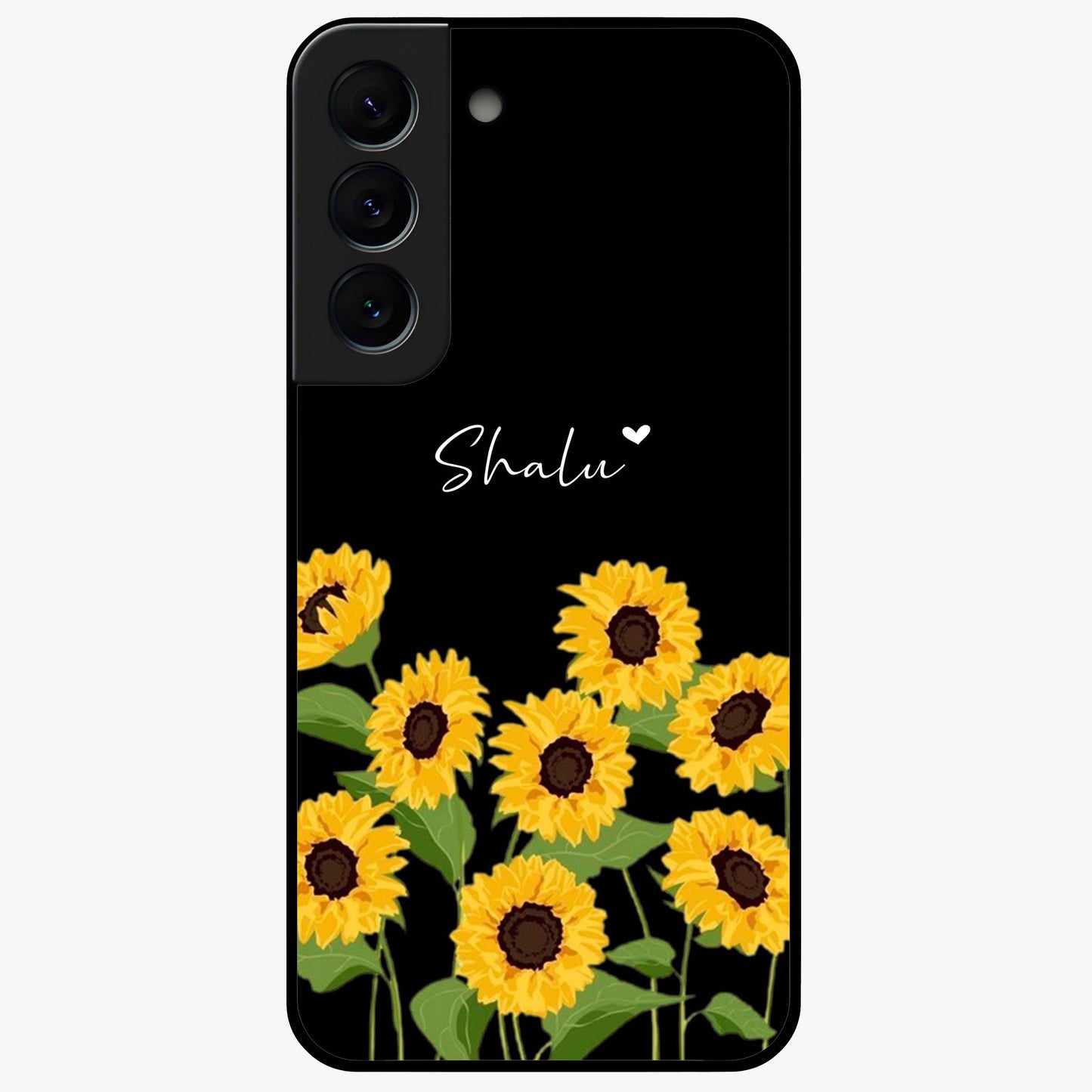 Sunflower Chic Mood Custom Name Glass Case showing flat back view with stylish sunflower artwork and personalized name design.