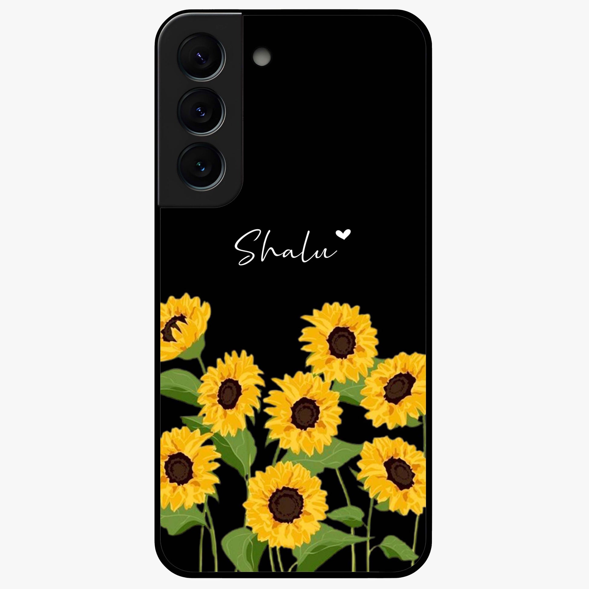 Sunflower Chic Mood Custom Name Glass Case showing flat back view with stylish sunflower artwork and personalized name design.