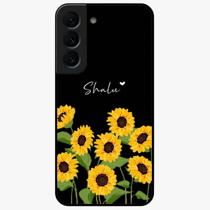Sunflower Chic Mood Custom Name Glass Case showing flat back view with stylish sunflower artwork and personalized name design.