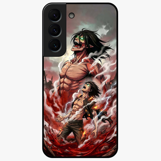 Titan Awakening Fury Glass Case showing flat back view with powerful titan inspired artwork and glossy glass finish.