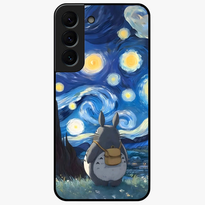 Totoro In Van Gogh Art Glass Case showing flat back view with whimsical character artwork inspired by Van Gogh style and glossy glass finish.