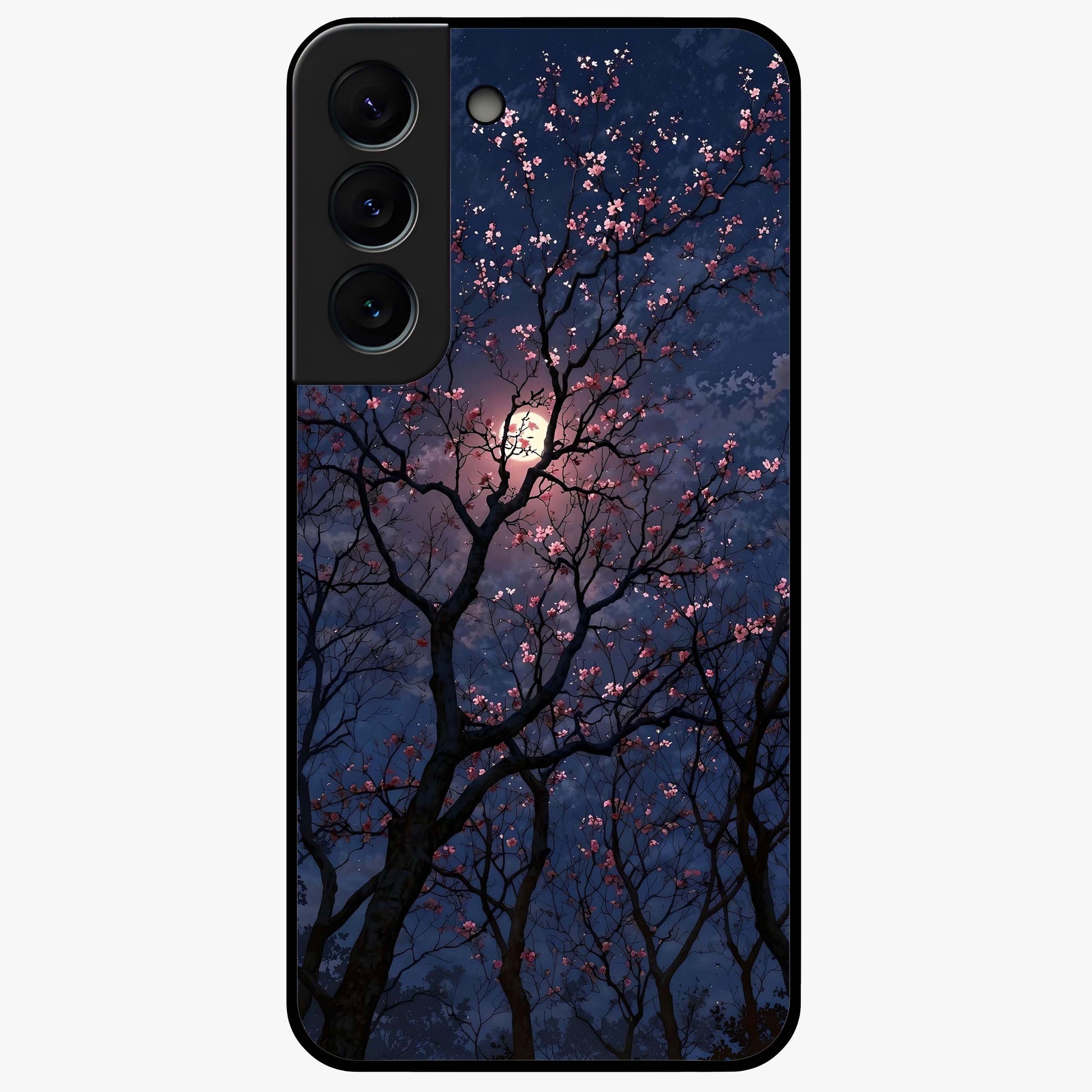 Twilight Sakura Serenade Glass Case showing flat back view with cherry blossom artwork at twilight and glossy glass finish.