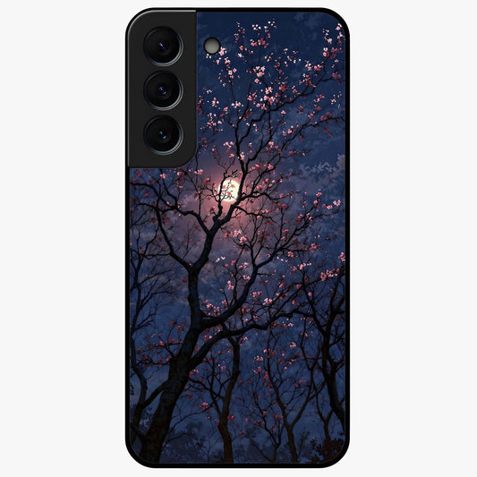 Twilight Sakura Serenade Glass Case showing flat back view with cherry blossom artwork at twilight and glossy glass finish.