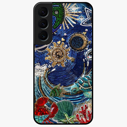 Universe Underwater Spark Glass Case showing flat back view with cosmic underwater themed artwork and glossy glass finish.