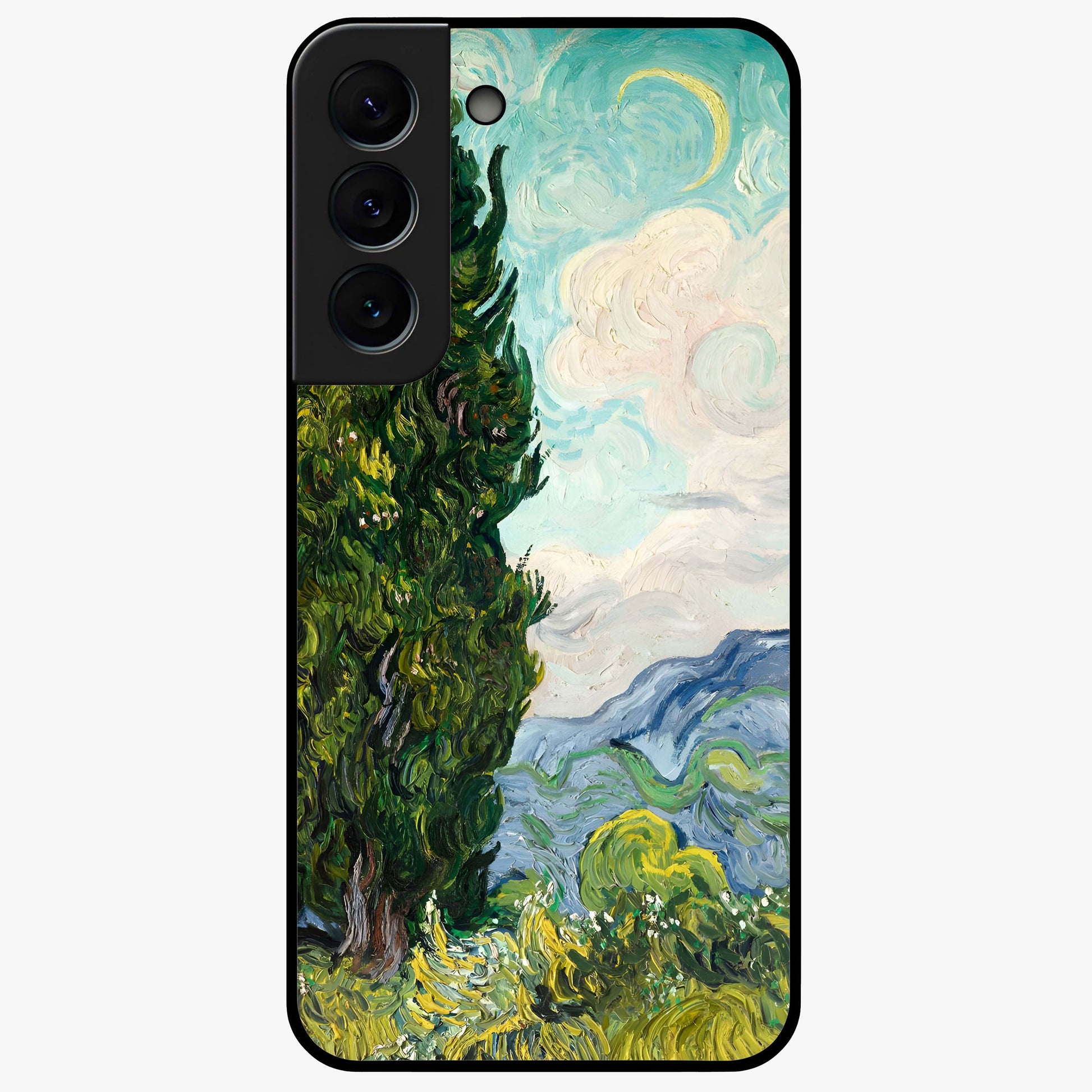 Van Gogh Vintage Art Glass Case showing flat back view with vintage painterly artwork inspired by Van Gogh style and glossy glass finish.