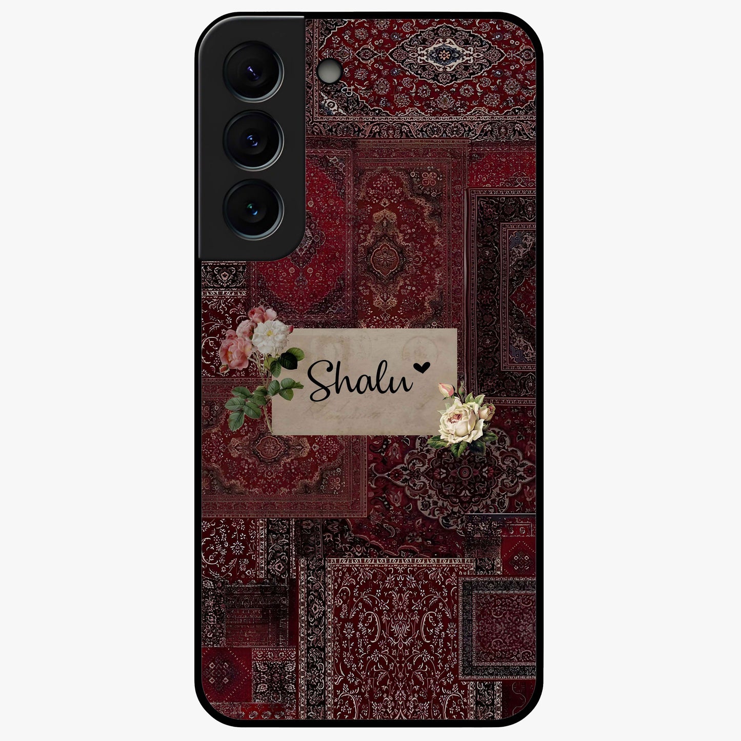 Velvet Wine Pattern Custom Name Glass Case showing flat back view with elegant wine colored pattern artwork and personalized name design.