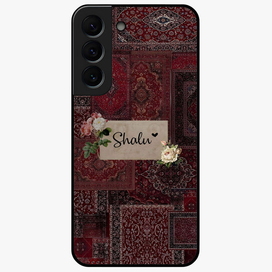 Velvet Wine Pattern Custom Name Glass Case showing flat back view with elegant wine colored pattern artwork and personalized name design.