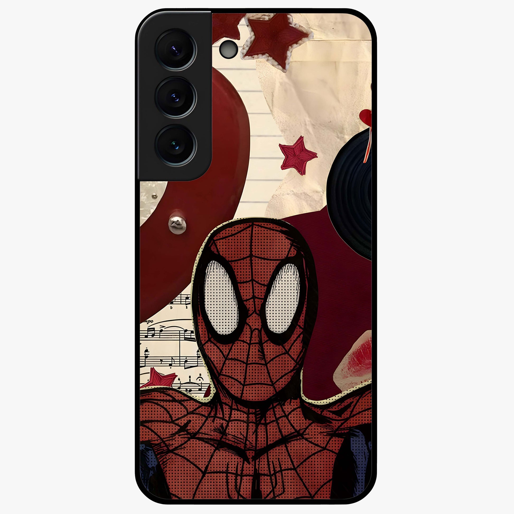 Web Warrior Vibes Glass Case showing flat back view with superhero inspired web themed artwork and glossy glass finish.