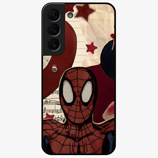 Web Warrior Vibes Glass Case showing flat back view with superhero inspired web themed artwork and glossy glass finish.