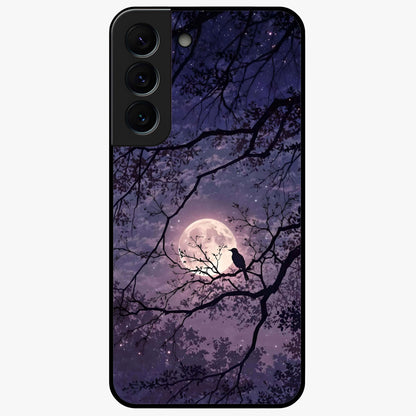 Whispering Moon Silence Glass Case showing flat back view with serene moon themed artwork and glossy glass finish.