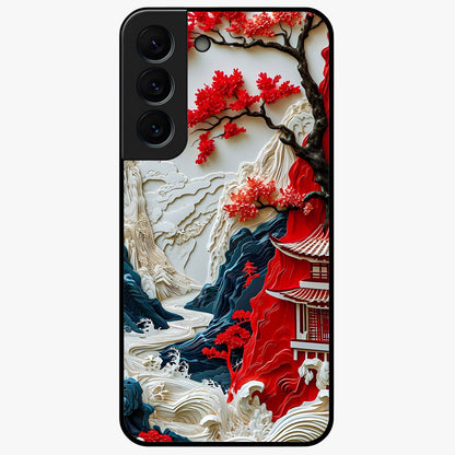 Whispers Of Sakura Waves Glass Case showing flat back view with cherry blossom wave artwork and glossy glass finish.