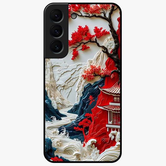 Whispers Of Sakura Waves Glass Case showing flat back view with cherry blossom wave artwork and glossy glass finish.