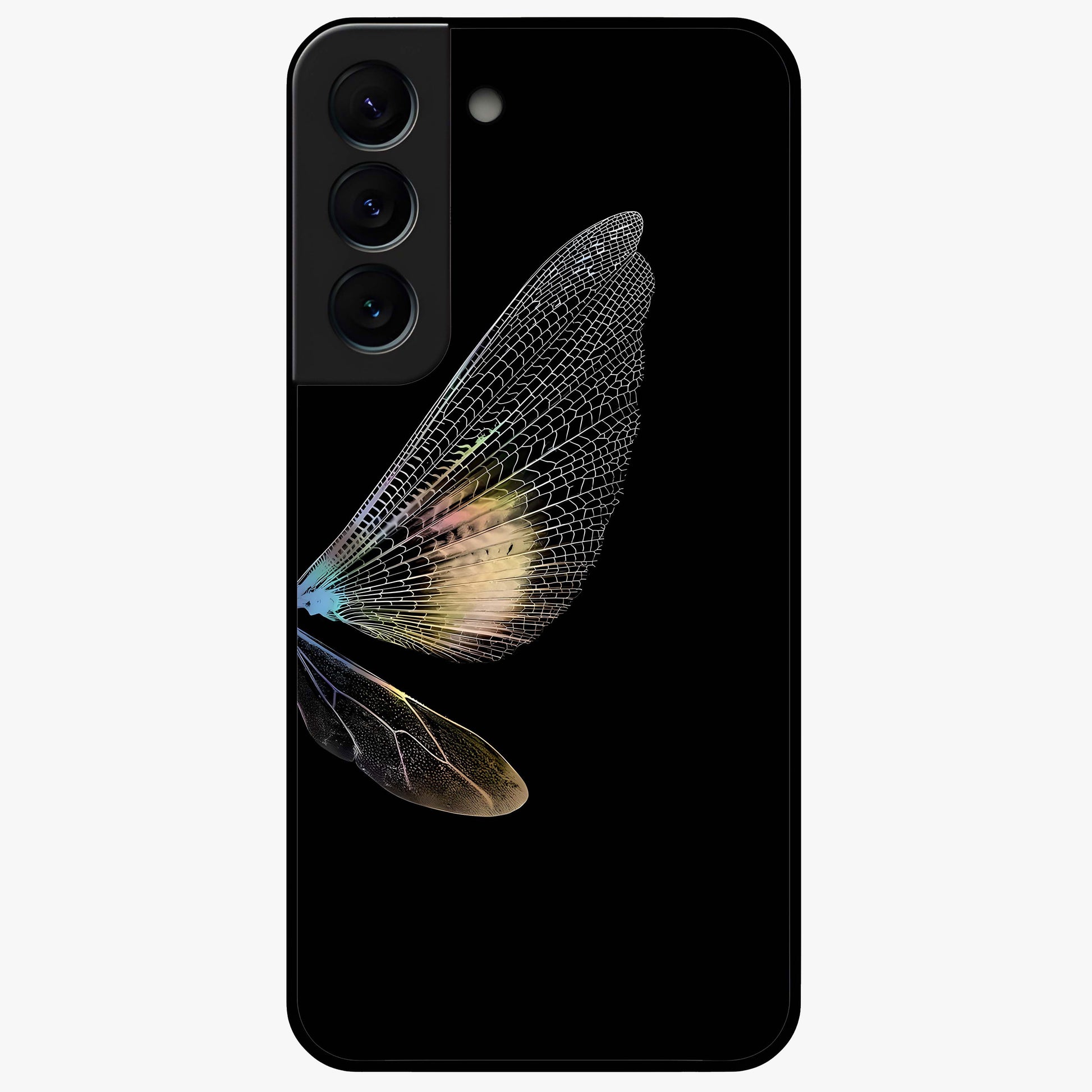 Whispers Of Wings Glass Case showing flat back view with graceful wing inspired artwork and glossy glass finish.