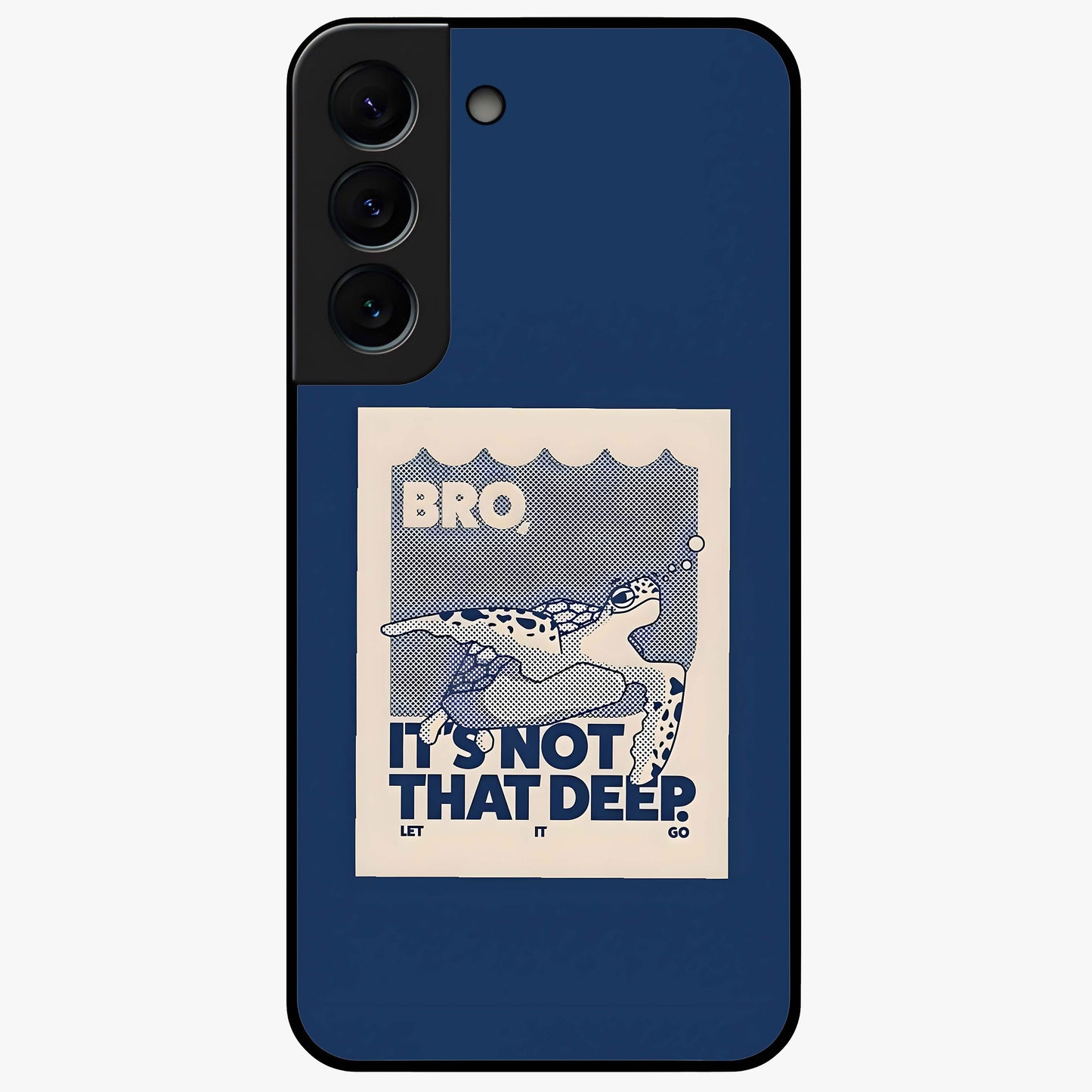 Worry Less Swim Glass Case showing flat back view with playful motivational artwork and glossy glass finish.