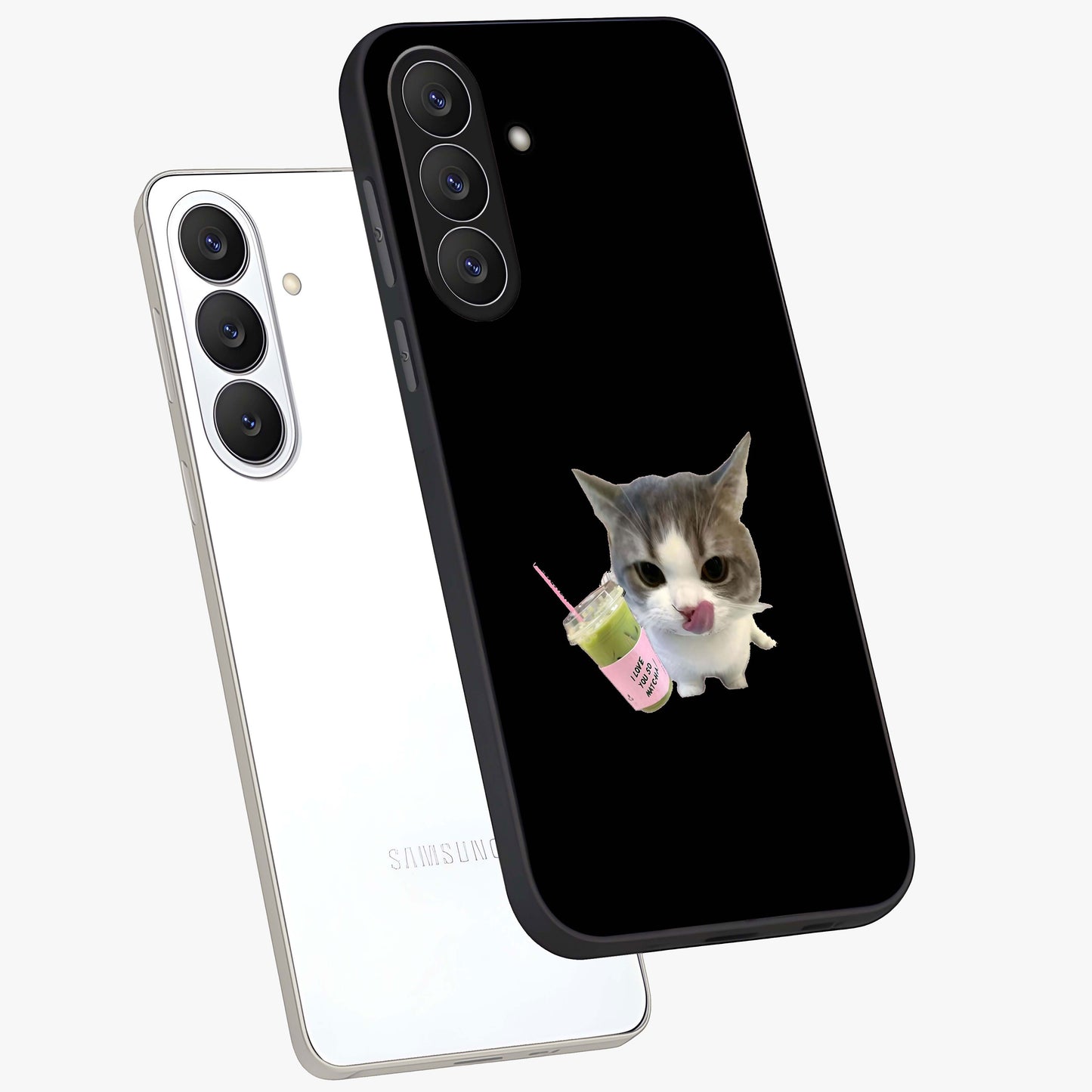 Matcha Cat Style Glass Case displayed in angled mockup highlighting playful feline design with pastel matcha aesthetic.