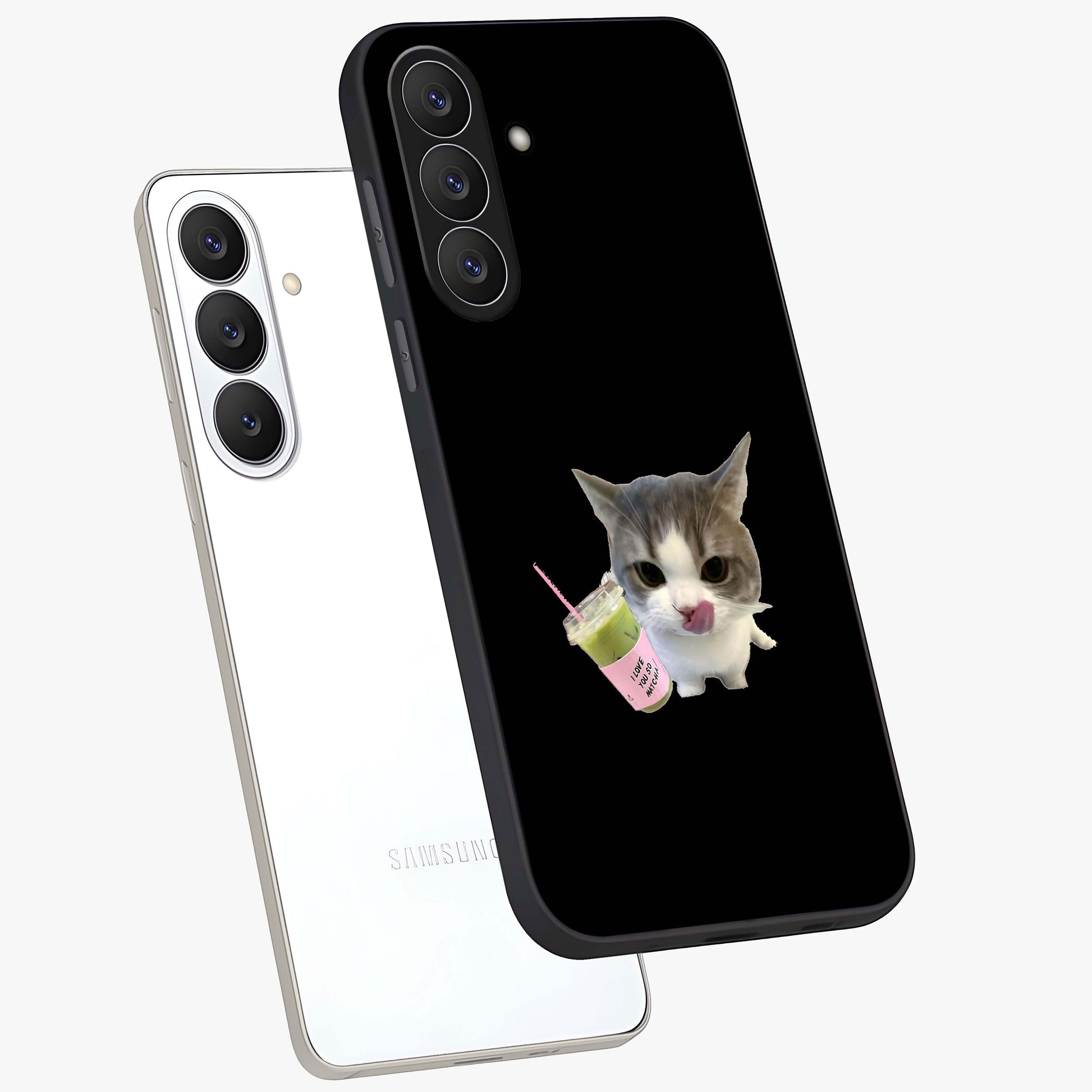 Matcha Cat Style Glass Case displayed in angled mockup highlighting playful feline design with pastel matcha aesthetic.