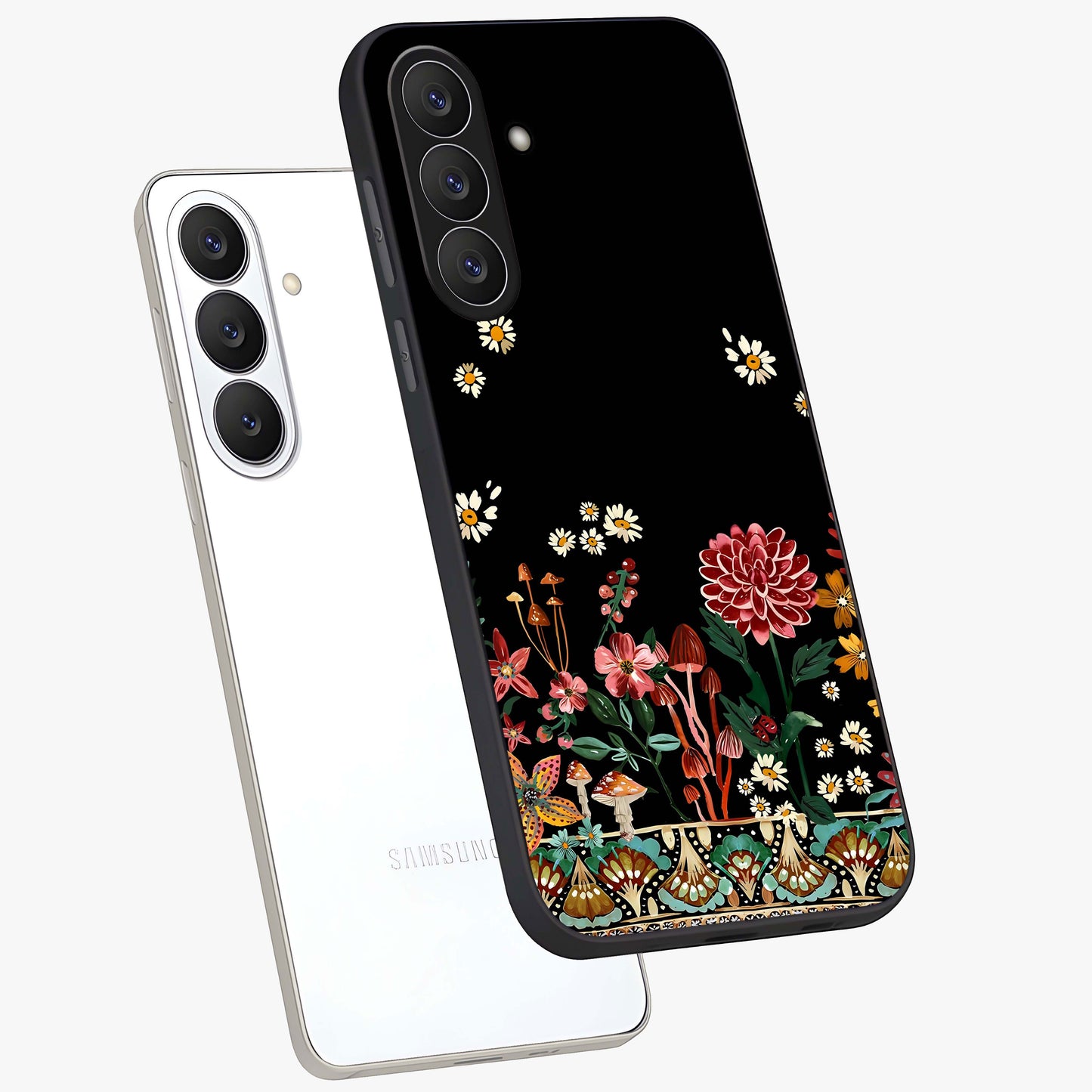 Midnight Bloom Pattern Glass Case displayed in angled mockup highlighting elegant flower design with midnight aesthetic style.