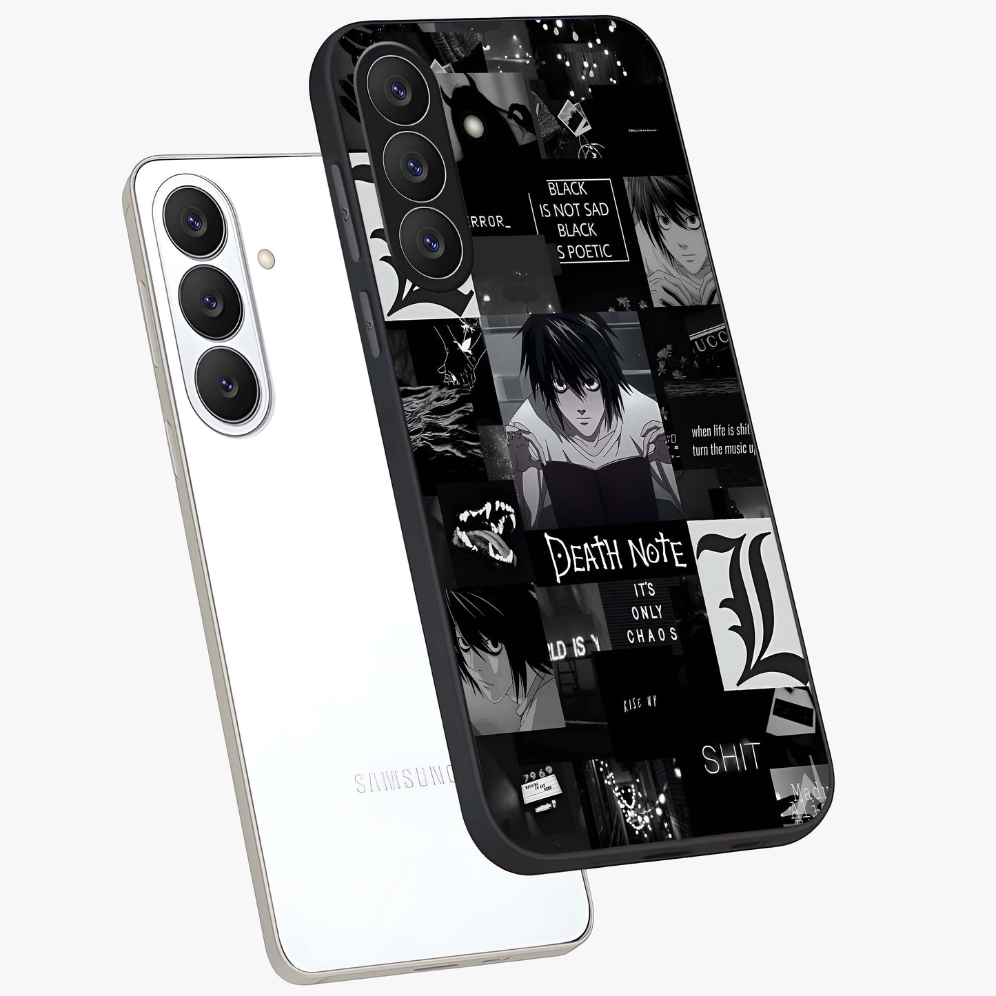 Midnight Chaos Mind Glass Case displayed in angled mockup highlighting chaotic artistic design with dramatic midnight aesthetic.