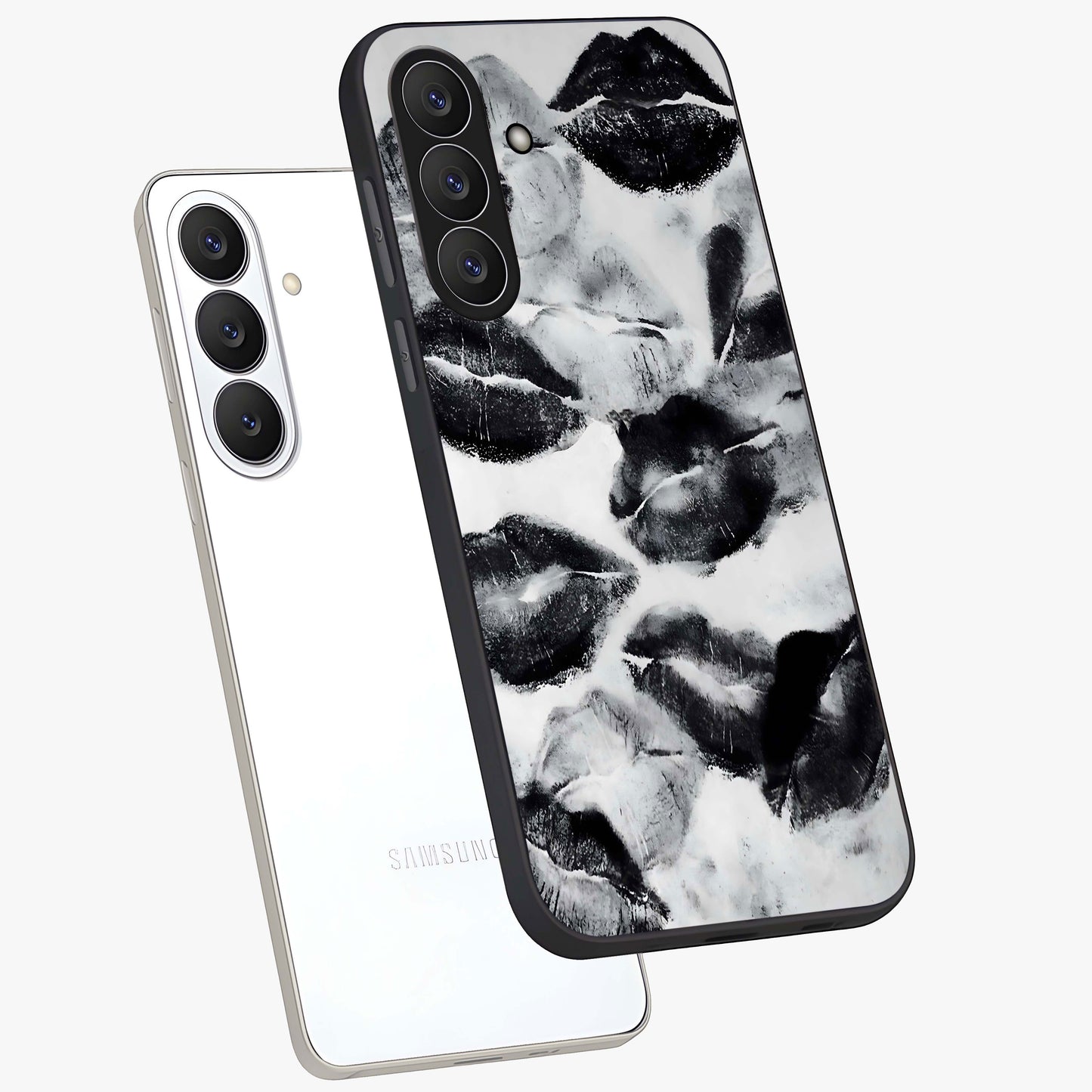 Midnight Kiss Marks Glass Case displayed in angled mockup highlighting playful romantic design with bold midnight aesthetic.