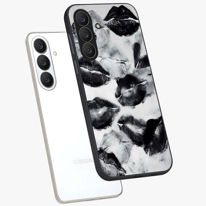 Midnight Kiss Marks Glass Case displayed in angled mockup highlighting playful romantic design with bold midnight aesthetic.