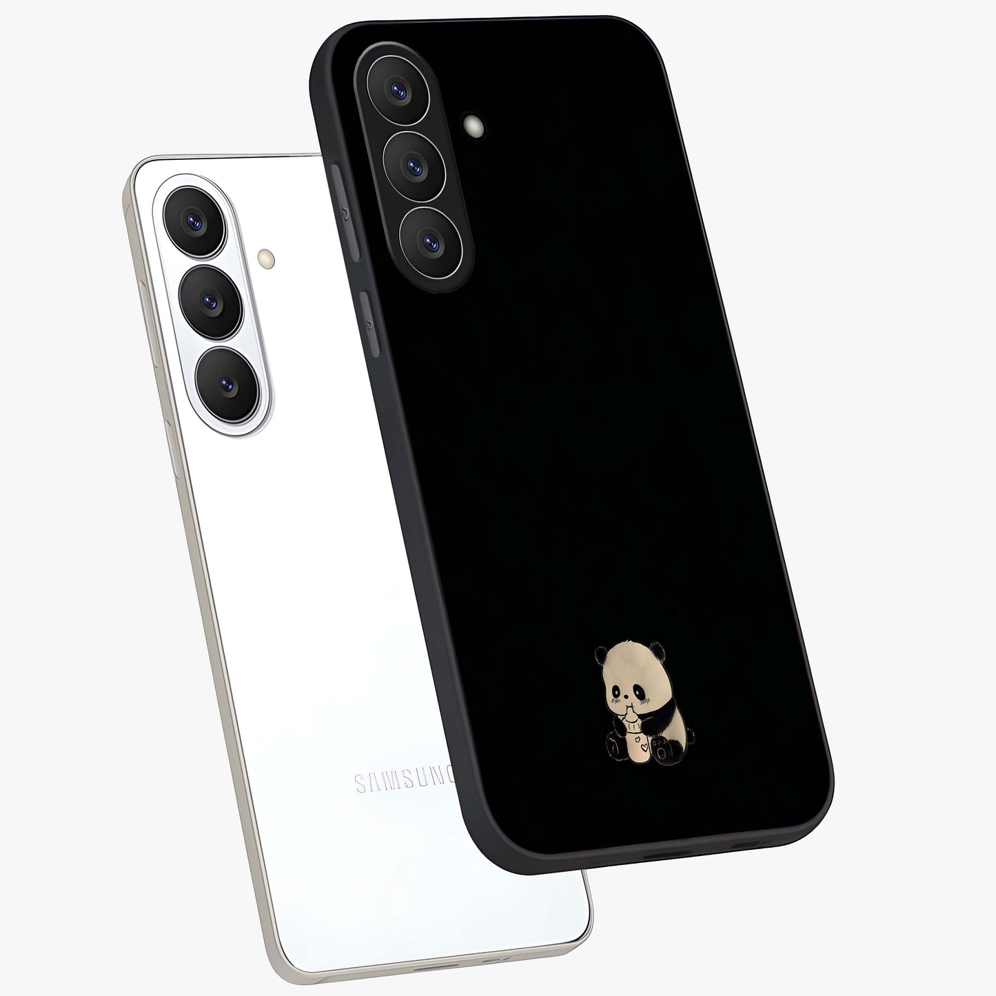 Midnight Panda Love Glass Case displayed in angled mockup highlighting adorable panda illustration with midnight aesthetic.