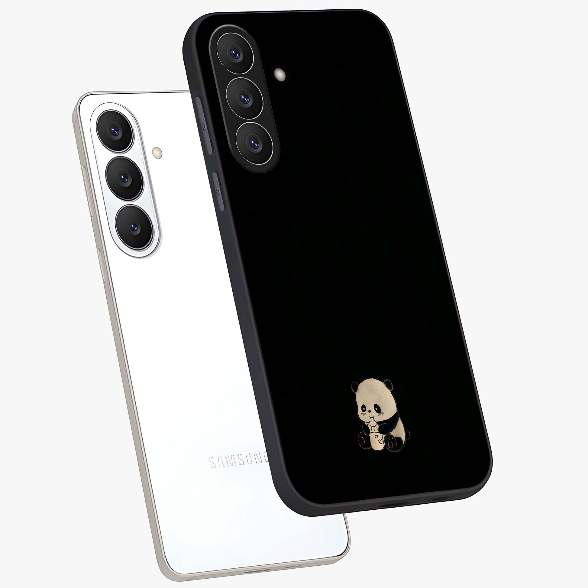 Midnight Panda Love Glass Case displayed in angled mockup highlighting adorable panda illustration with midnight aesthetic.