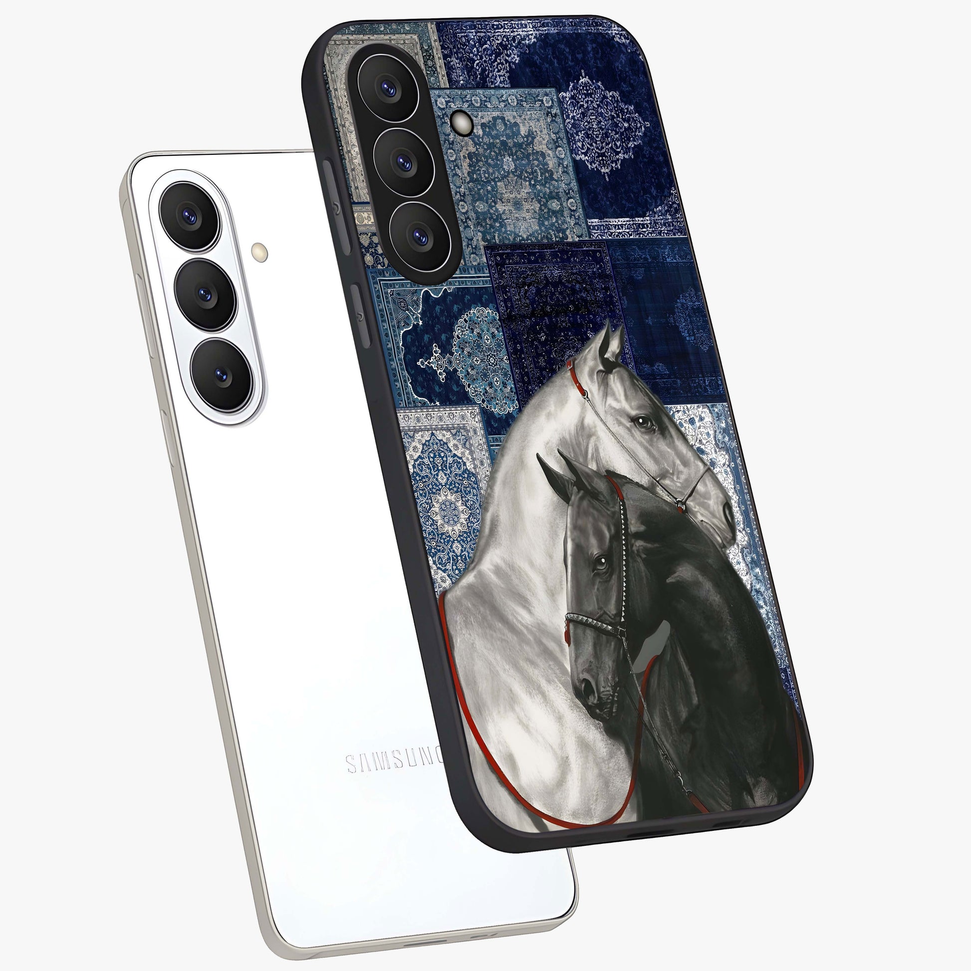 Midnight Stallion Blues Glass Case displayed in angled mockup highlighting powerful stallion illustration with deep midnight tones.