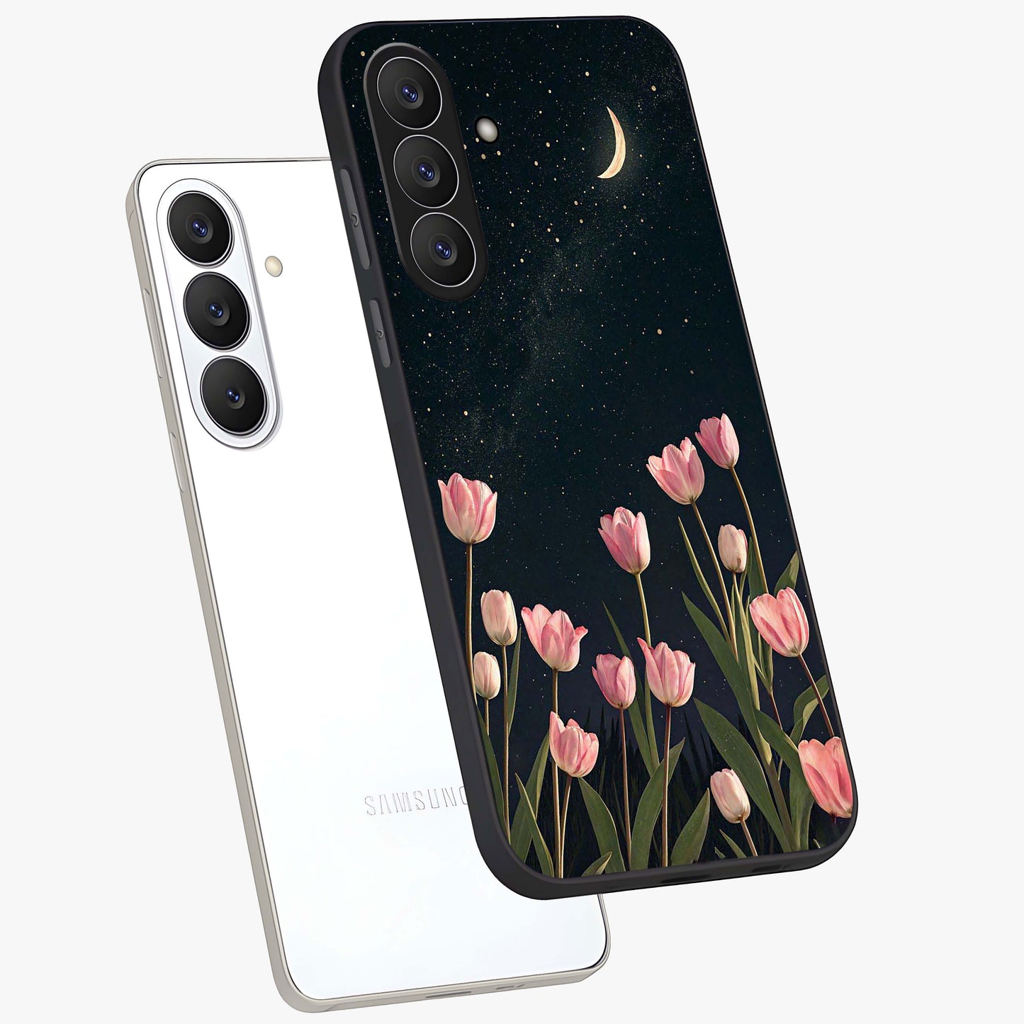 Midnight Tulip Whispers Vibe Glass Case displayed in angled mockup highlighting delicate tulip design with midnight floral aesthetic.