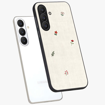 Minimal Petal Whispers Glass Case displayed in angled mockup highlighting delicate petal design with clean minimal aesthetic.
