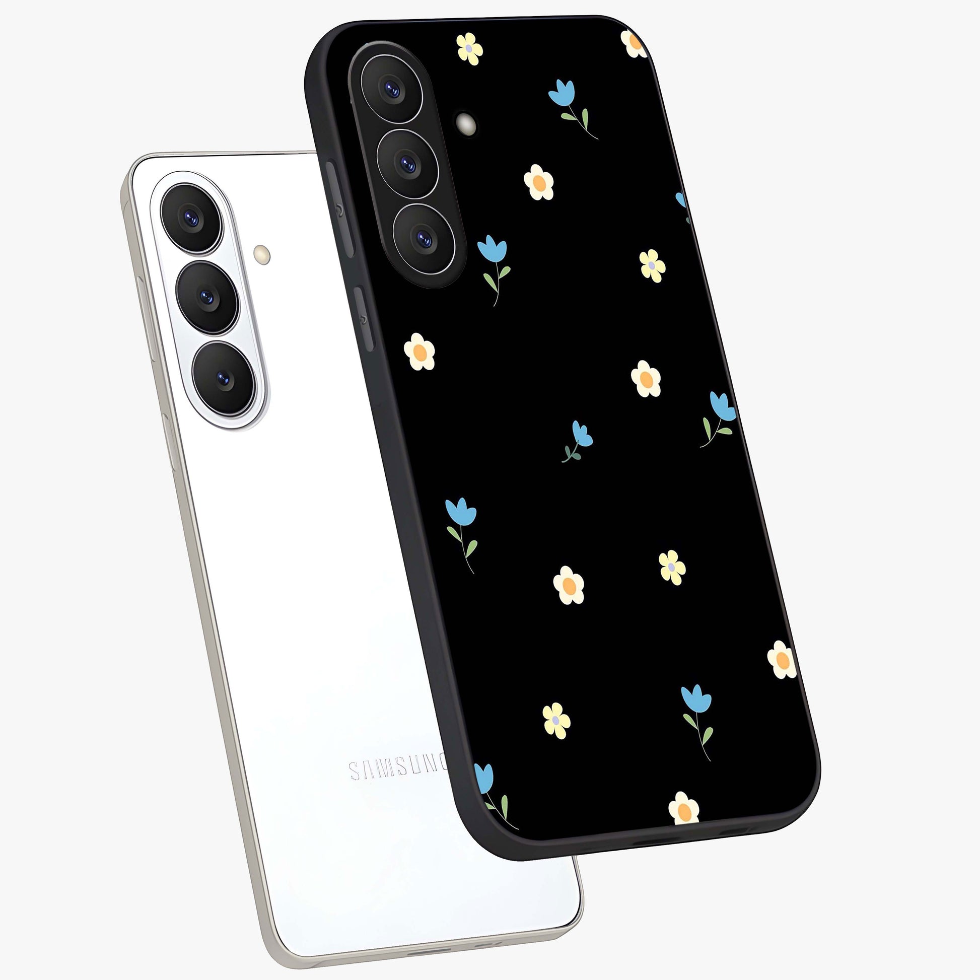 Minimalistic Blue With White Flower Pattern Glass Case displayed in angled mockup highlighting simple floral design with minimal aesthetic.