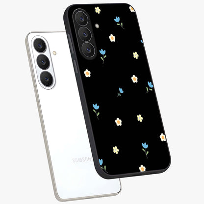 Minimalistic Blue With White Flower Pattern Glass Case displayed in angled mockup highlighting simple floral design with minimal aesthetic.