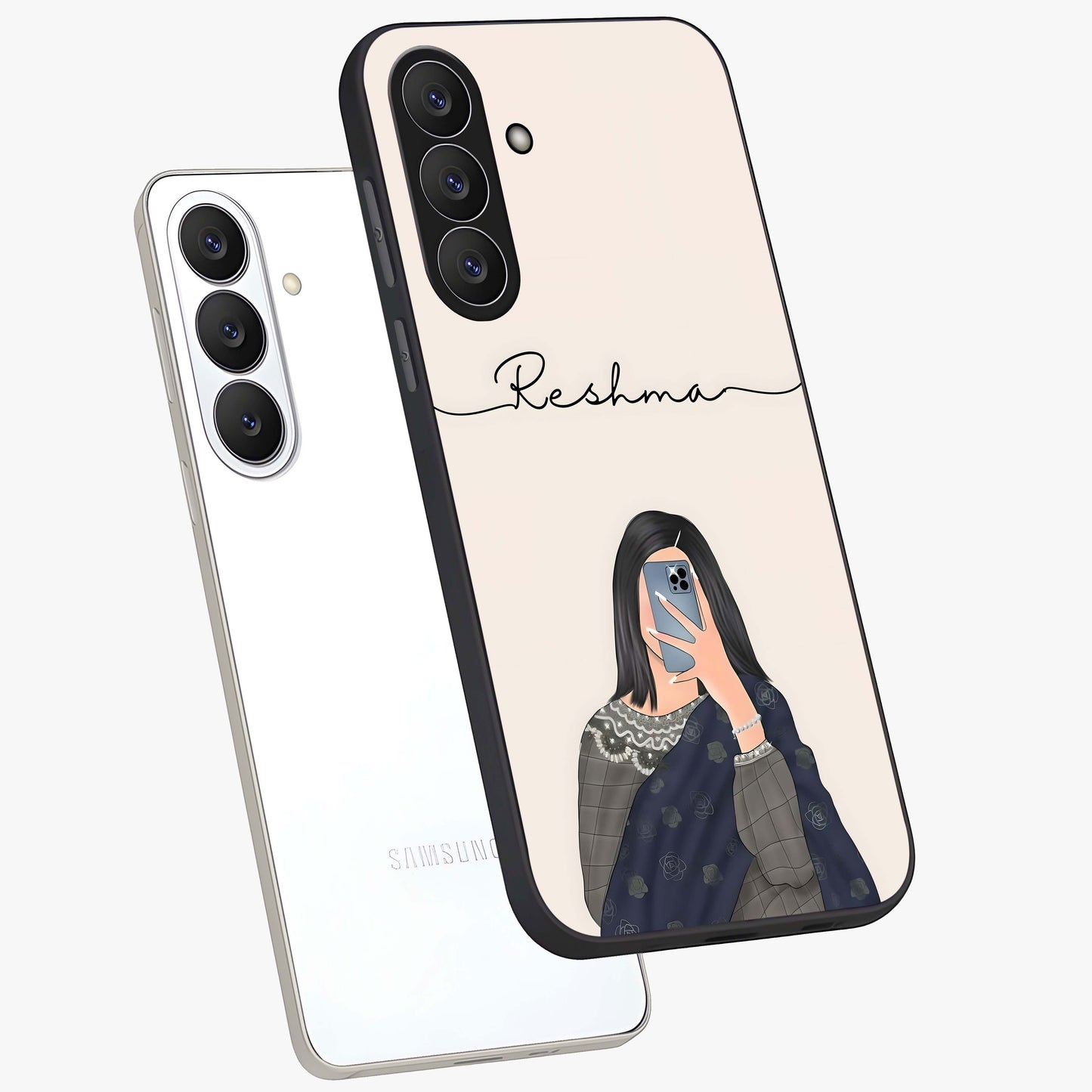 Mirror Mood Muse With Custom Name Glass Case displayed in angled mockup highlighting aesthetic mirror inspired design with custom name feature.