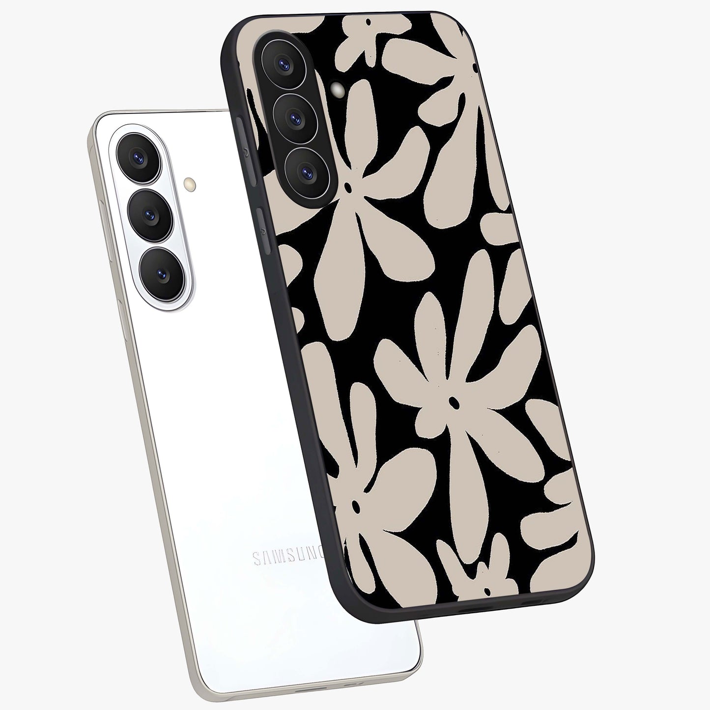 Monochrome Petal Dance Glass Case displayed in angled mockup highlighting elegant petal design with black and white aesthetic.