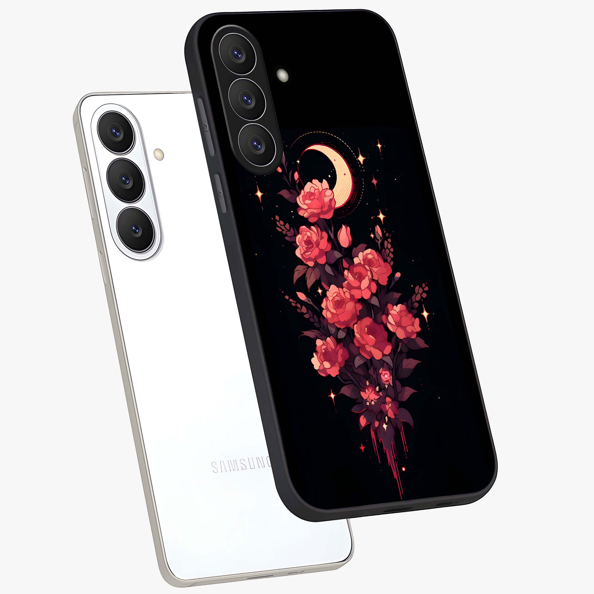 Moonlit Floral Elegance Glass Case displayed in angled mockup highlighting graceful flower design with soft moonlight aesthetic.