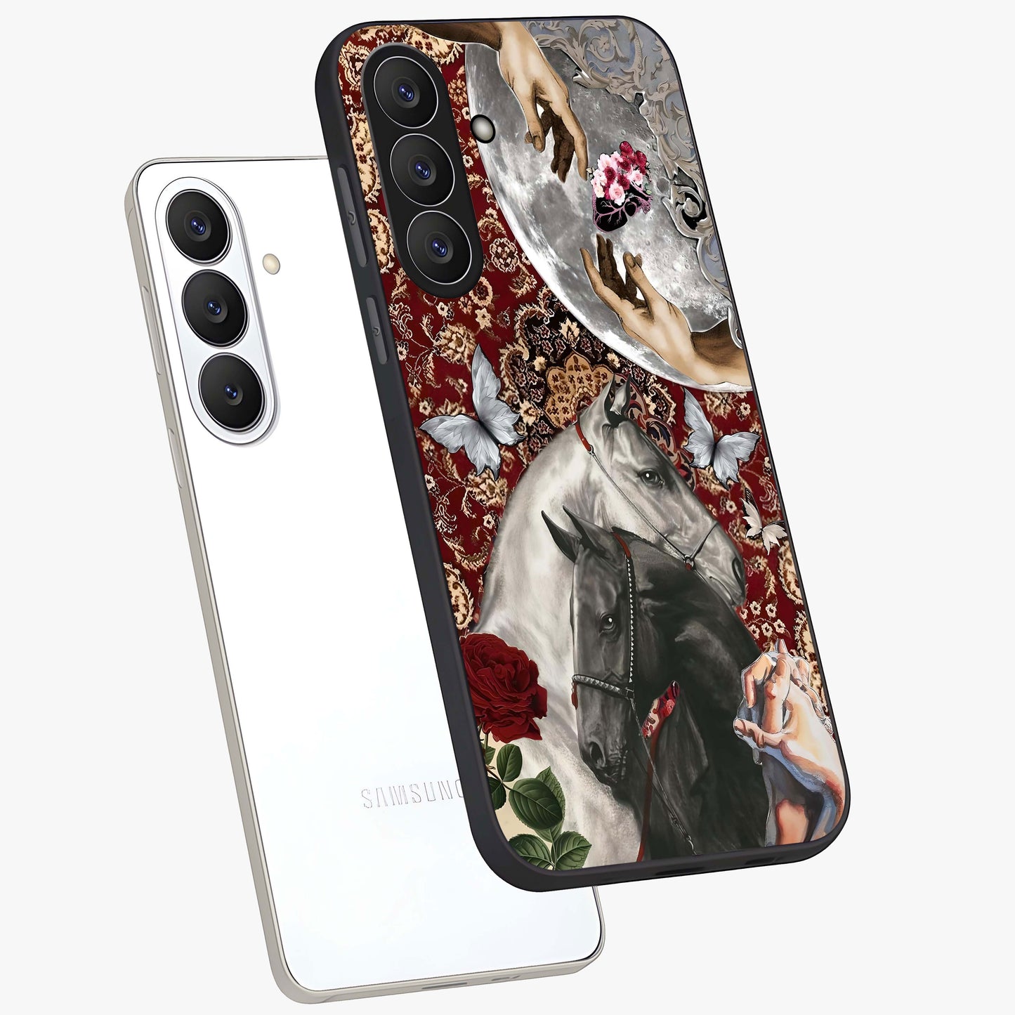 Moonlit Royal Stallion Glass Case displayed in angled mockup highlighting powerful stallion illustration with royal night aesthetic.